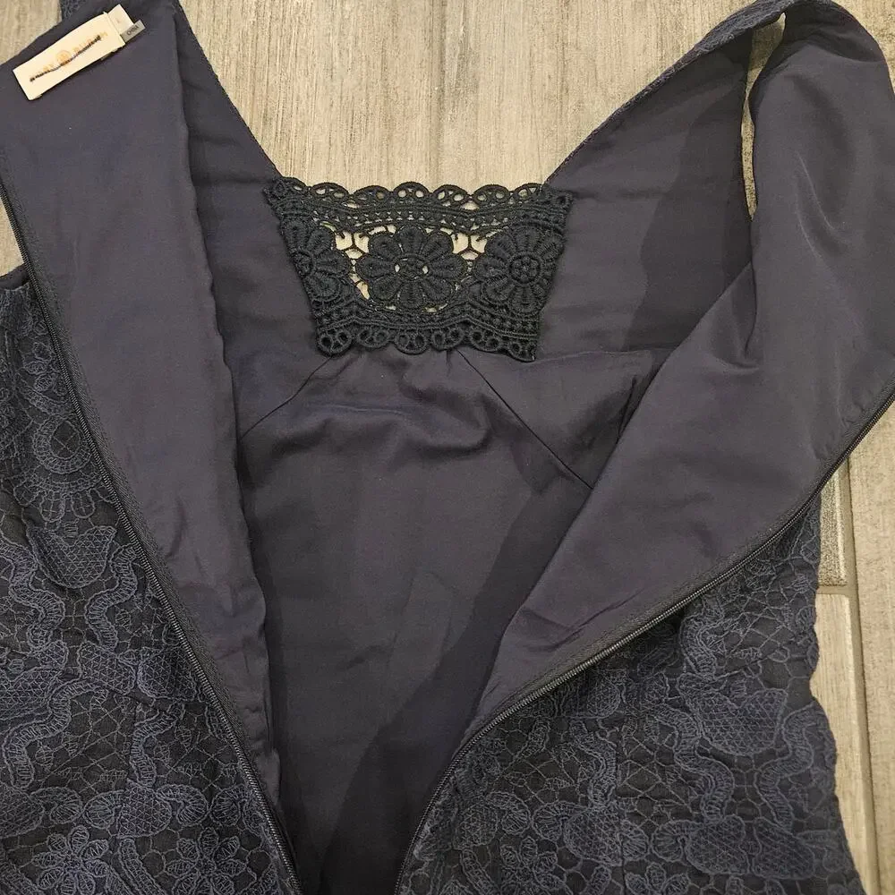 Tory Burch Dress Womens Size 4 Navy Blue Lace Pencil V Neck Strapless Lined Slit